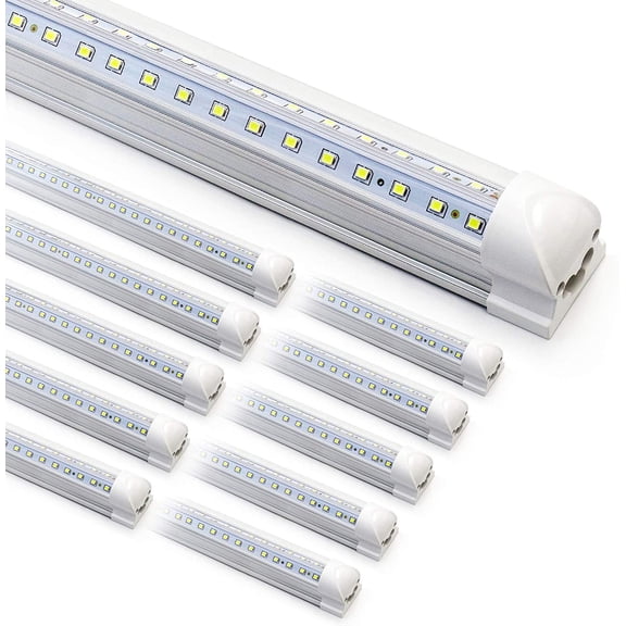 10-Pack 8ft LED Shop Light Fixture - 90W T8 Integrated LED Tube Light - 6500K 12000LM V-Shape Linkable - High Output - Clear Cover - Plug and Play - 270 Degree Lighting for Garage, Shop, Barn