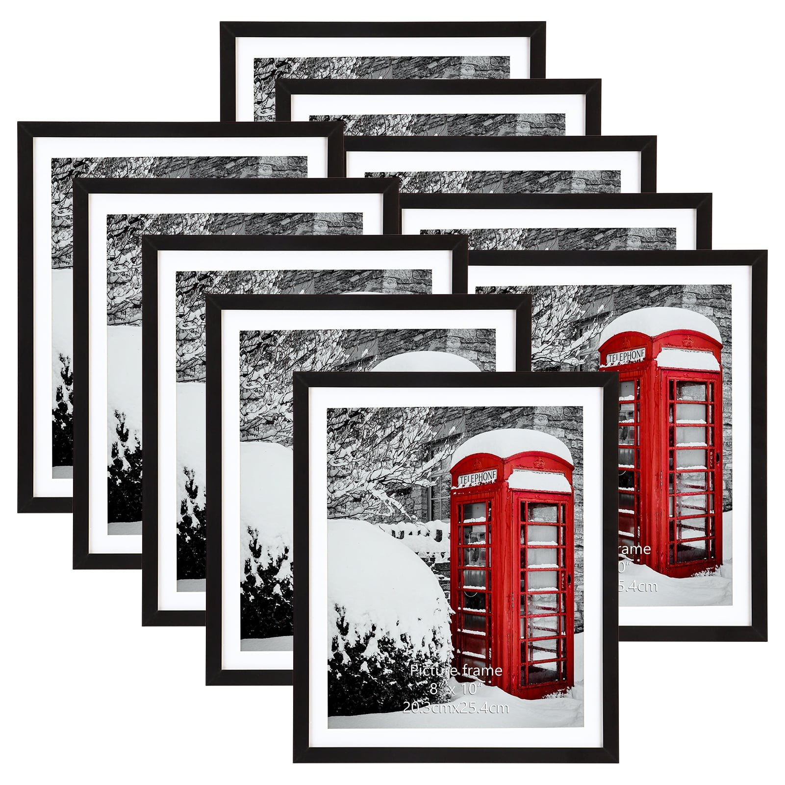 10 Pack Perfect Ten 8x10 Black Picture Frames Set with Mat for Wall and