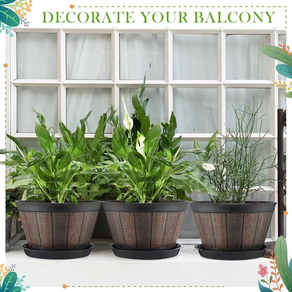 10 Pack 9.8 Inch Whiskey Barrel Planter Flower Pot Plant Pots with Drainage Holes and Saucers Garden Planter Imitation Wine Design Plastic Barrel for Indoor Outdoor Plants Garden (Coffee Brown)
