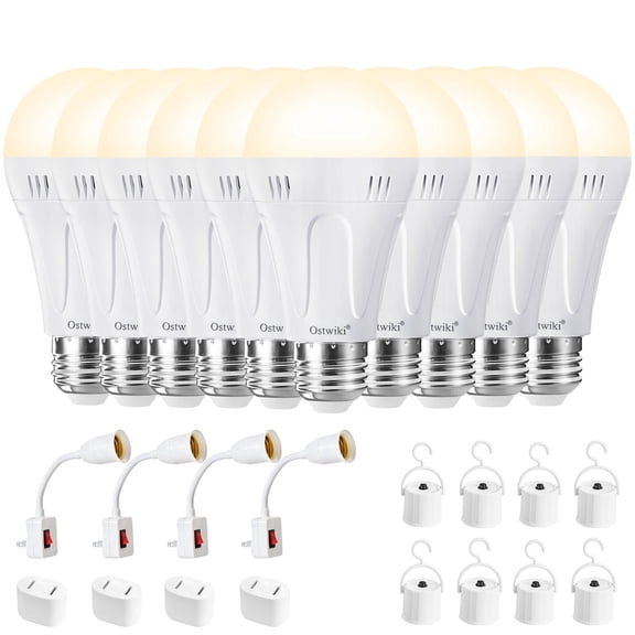 10 Pack A19 Rechargeable Bulbs for Lamps Emergency Light Bulbs for Power Outage Hurricane Blizzard,1200mAh E26 9W 3000K Warm Battery Backup LED Light Bulbs for Outdoor Camping Hiking