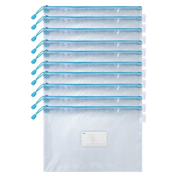 10 Pack A4 Mesh Zipper Pouches with Label Pocket, Waterproof Organizer Zipper File Bags, Multi-Use Mesh Zipper Pouch Bags with Slide Fastener for Office Document File Organization(Blue,13x9.2")
