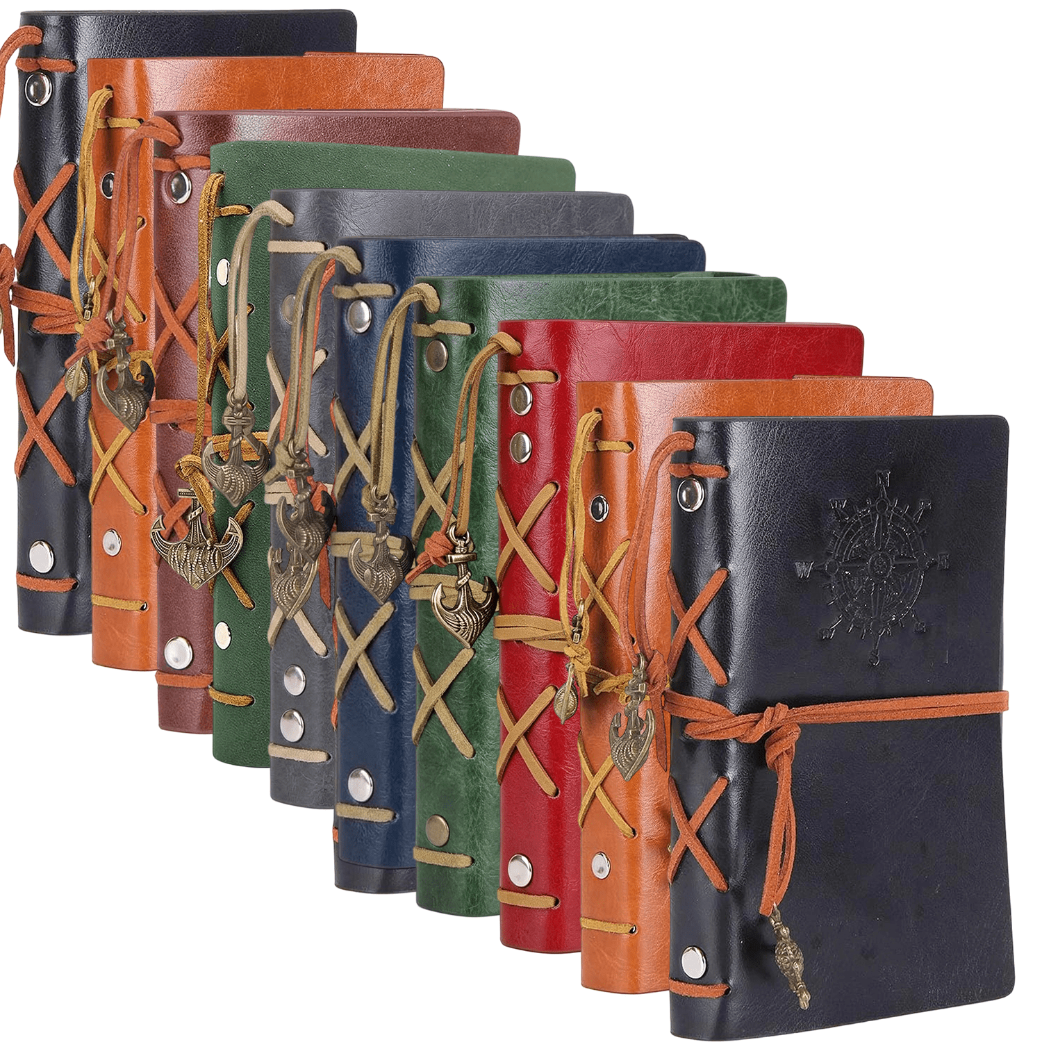 10-Pack A6 Vintage Nautical Travel Journals, Refillable Faux Leather Writing Notebooks with 6-Ring Binder, 80 Sheets 80GSM Blank Kraft Paper, Retro Explorer Charms