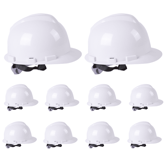 10-Pack ABS Suspension Hard Hats, Adjustable Construction Helmets with Sweatband & Chin Strap, Ratchet Cap Style Safety Hard Hats for Men Women (White)