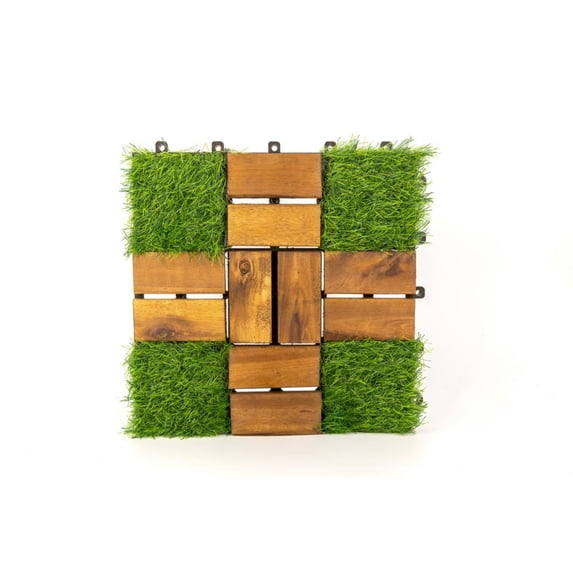 10 Pack Acacia Wood Assembled Flooring 12x12 Inch Interlocking Patio Deck Tiles with Grass Accents