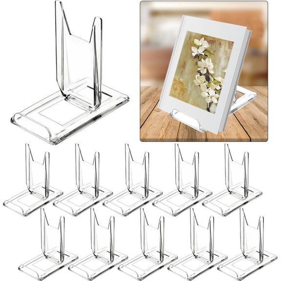 10 Pack Acrylic Book Stand for Display Adjustable Clear Display Holder Easel Collector Stand for Home Office Back to School Comic Album CD Magazine Postcard Artworks (4.2 x 4.3 x 2.35 Inch)