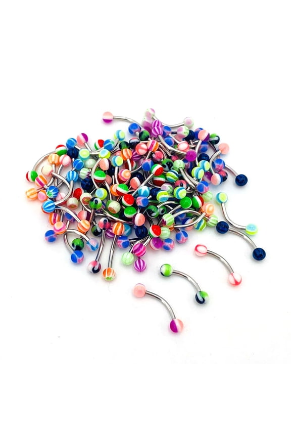 10-Pack Acrylic Curved Barbell Eyebrow Rings, UV Ball Body Piercing Jewelry