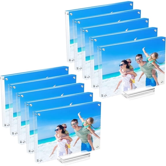 10 Pack Acrylic Picture Frame 57 Clear Double Sided Magnetic Photo Frame - Frameless Baby Friend Family Picture Desktop Display with Support Stand and Gift Boxes