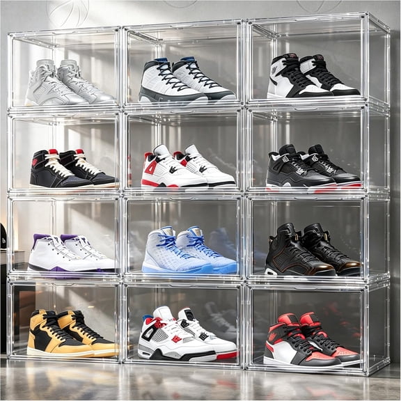 10 Pack Acrylic Shoe Box Size 14, X-Large Purse Handbag Organizer Clear Sneaker Display Case Boot Storage Box Transparent Stackable Storage Bins with Magnetic Lids