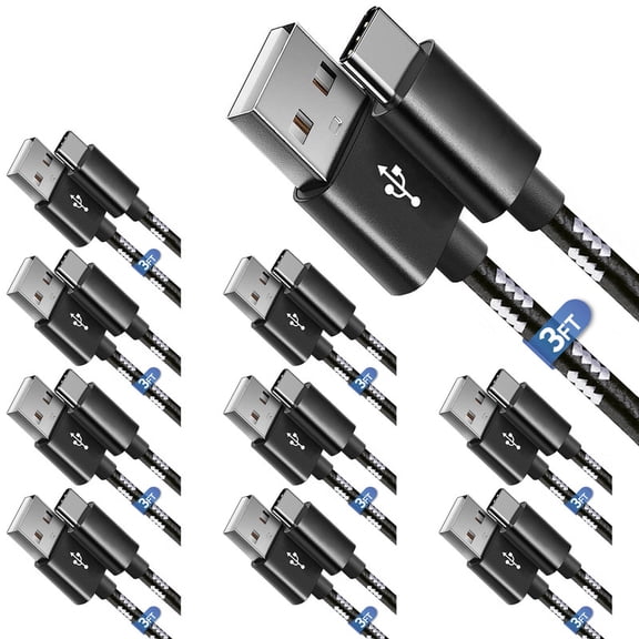 Afflux 10 Pack USB-A to USB-C Fast Charger Braided Type C Cable Compatible with iPhone 17 / 16 / 15 Pro Max Plus Air, Samsung Galaxy S25 S24 S23 Ultra, Google Pixel, iPad Pro, Universal (3ft, Black)