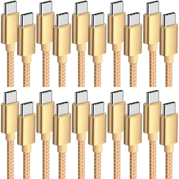 10 Pack Afflux USB-C to USB-C PD Fast Charger Cable Data Sync Braided Cord Compatible with iPhone 16 /15 Pro Max Plus / Samsung Galaxy S24 S23 S22 Ultra / iPad Pro / Universal for Type-C (6ft, Gold)
