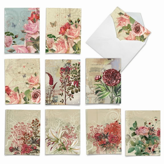 NobleWorks Stationery Envelopes Set - Small Blank Note Cards, Botanical Collages (10 Pack)