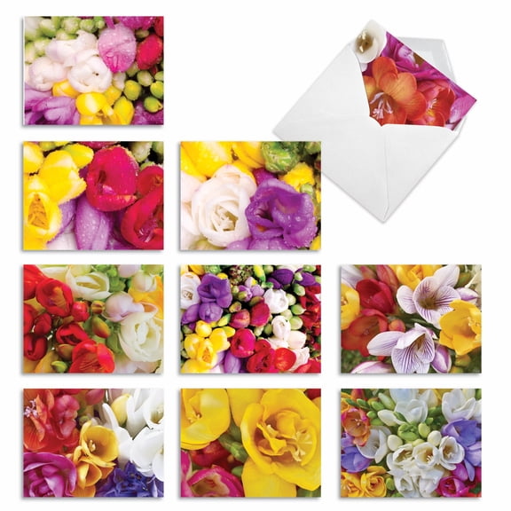 The Best Card Company 10 Assorted Blank All Occasions Notes Pack Set 4x5.12 w/ Envelopes, 10x1 Designs, For Men, Women, Fanciful Freesias M3040