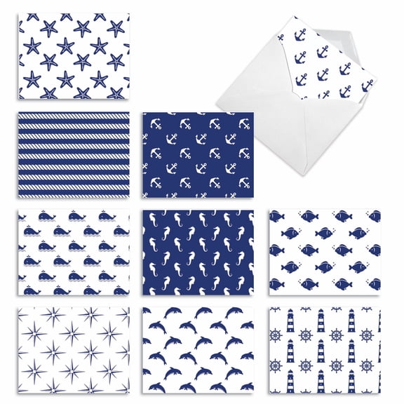 The Best Card Company 10 Assorted Blank All Occasions Notes Bulk Pack Set 4x5.12 w/ Envelopes, 10x1 Designs, For Men, Women, Oceano-graphix M3077