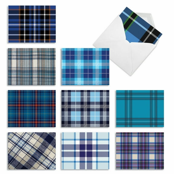 10 Pack All Occasion Blank Note Cards With Envelopes - Tartan Blue