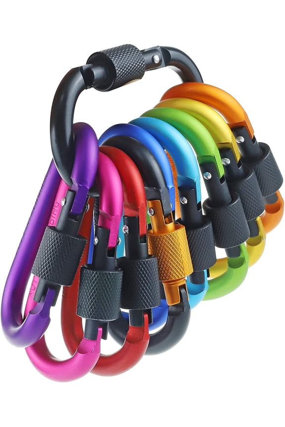 10 Pack Aluminum D Ring Key Rings Hiking Clips Locking Carabiner for Hiking Camping Fishing and Outdoor Use, Clips with Screw Gate Multicolored