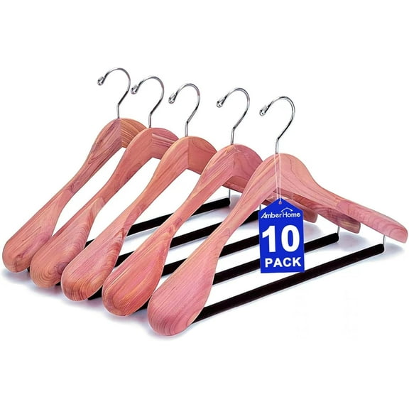 10 Pack American Red Cedar Wood Coat, Suit Hangers with Extra Wide Shoulder, Wooden Jacket Clothes Hanger Smooth Deluxe Aromatic Natural Cedar with Non Slip Velvet Pant Bar