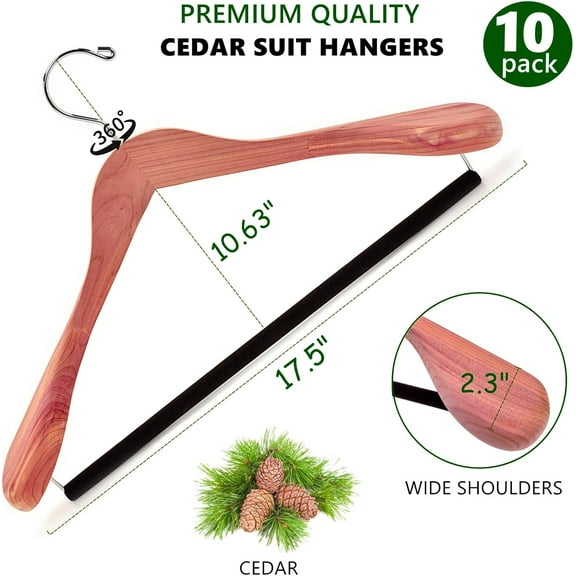 10 Pack American Red Cedar Wood Coat, Suit Hangers with Extra Wide Shoulder, Wooden Jacket Clothes Hanger Smooth Deluxe Aromatic Natural Cedar with Non Slip Velvet Pant Bar