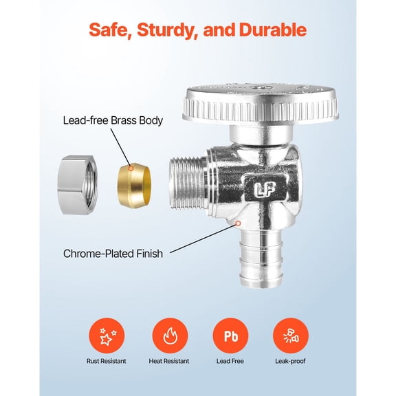 10 Pack Angle Stop Valve,Water Shut Off Valve 1/2"PEXx3/8"OD Compression,1/4 Turn Chrome Plated Brass Shutoff Valves for Bathroom Kitchen Toilet Shower Plumbing