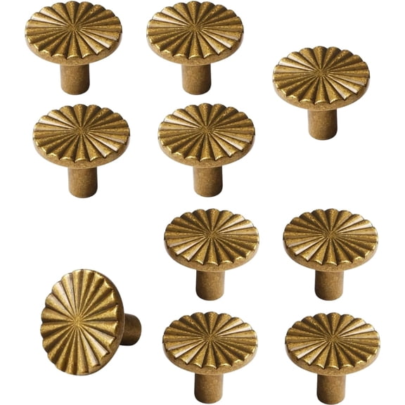10 Pack Antique Brass Cabinet Handles, 1-1/8 Inch | Vintage Zinc Alloy, Rust-Resistant, Drawer Pulls, Includes Screws, Kitchen Bathroom Hardware