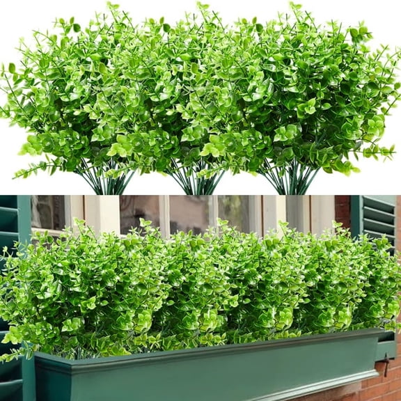 10-Pack Artificial Boxwood Eucalyptus Bundles 13" UV-Resistant Faux Greenery 70 Stems Plastic Plants for Garden Porch Patio Window Box Wedding Office Home Indoor & Outdoor Decor