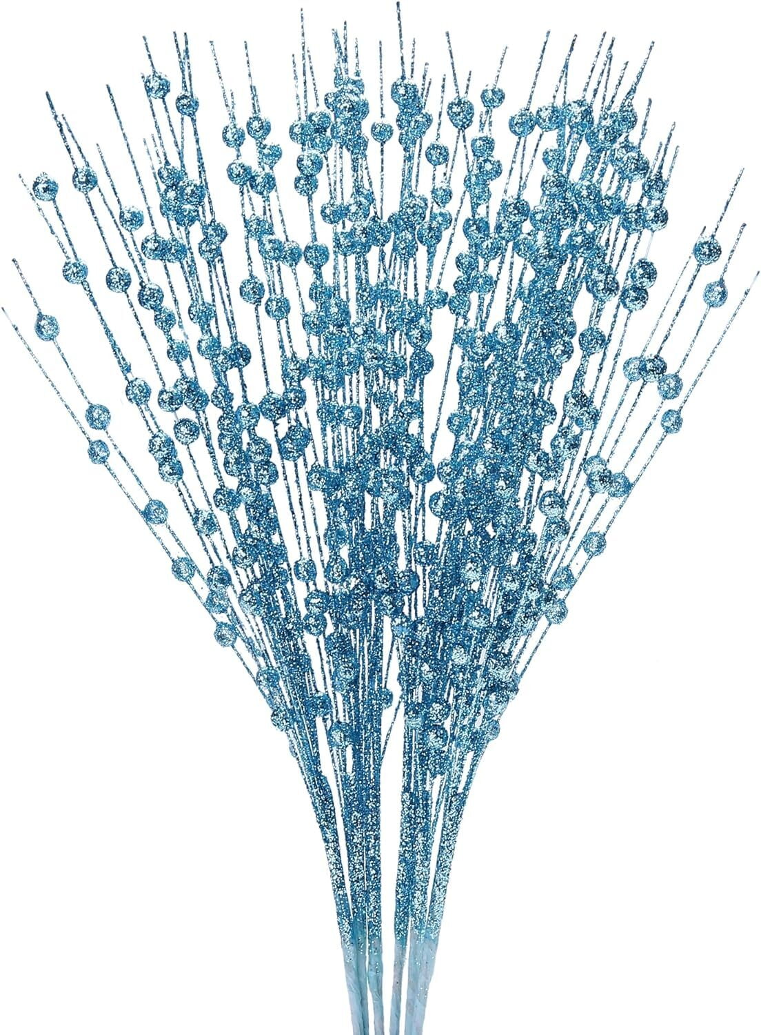 10 Pack Artificial Christmas Glitter Berry Stems, Christmas Tree Picks 17in Glittery Twigs Branches Decorative Bead Sticks for Christmas Tree Decorations Wreath Vase Holiday Decor (Lake blue)