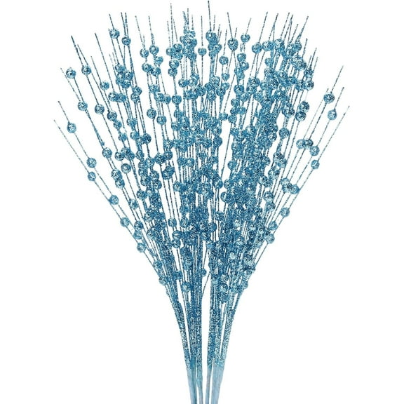 10 Pack Artificial Christmas Glitter Berry Stems, Christmas Tree Picks 17in Glittery Twigs Branches Decorative Bead Sticks for Christmas Tree Decorations Wreath Vase Holiday Decor (Lake blue)