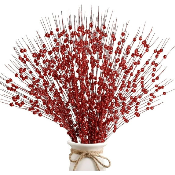 10 Pack Artificial Glitter Berry Stem Ornaments 17in Decorative Christmas Picks Glittery Bead Sticks Branches for Christmas Tree Decor DIY Wreath Crafts Home Decor (Red)