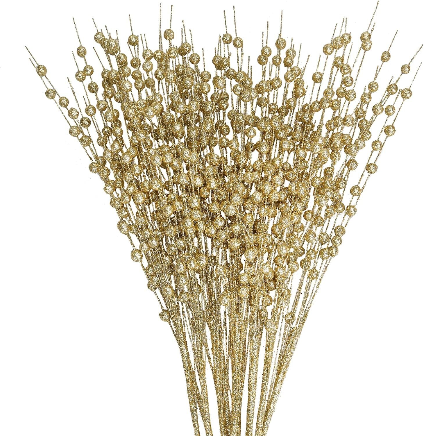 10 Pack Artificial Glitter Berry Stem Ornaments 20in Decorative Christmas Picks Glittery Bead Sticks Branches for Christmas Tree Decor DIY Wreath Crafts Home Decor (Gold)