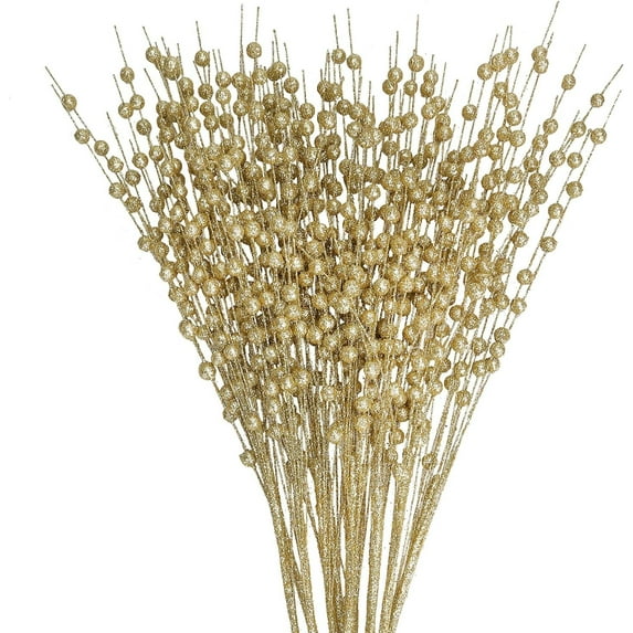 10 Pack Artificial Glitter Berry Stem Ornaments 20in Decorative Christmas Picks Glittery Bead Sticks Branches for Christmas Tree Decor DIY Wreath Crafts Home Decor (Gold)
