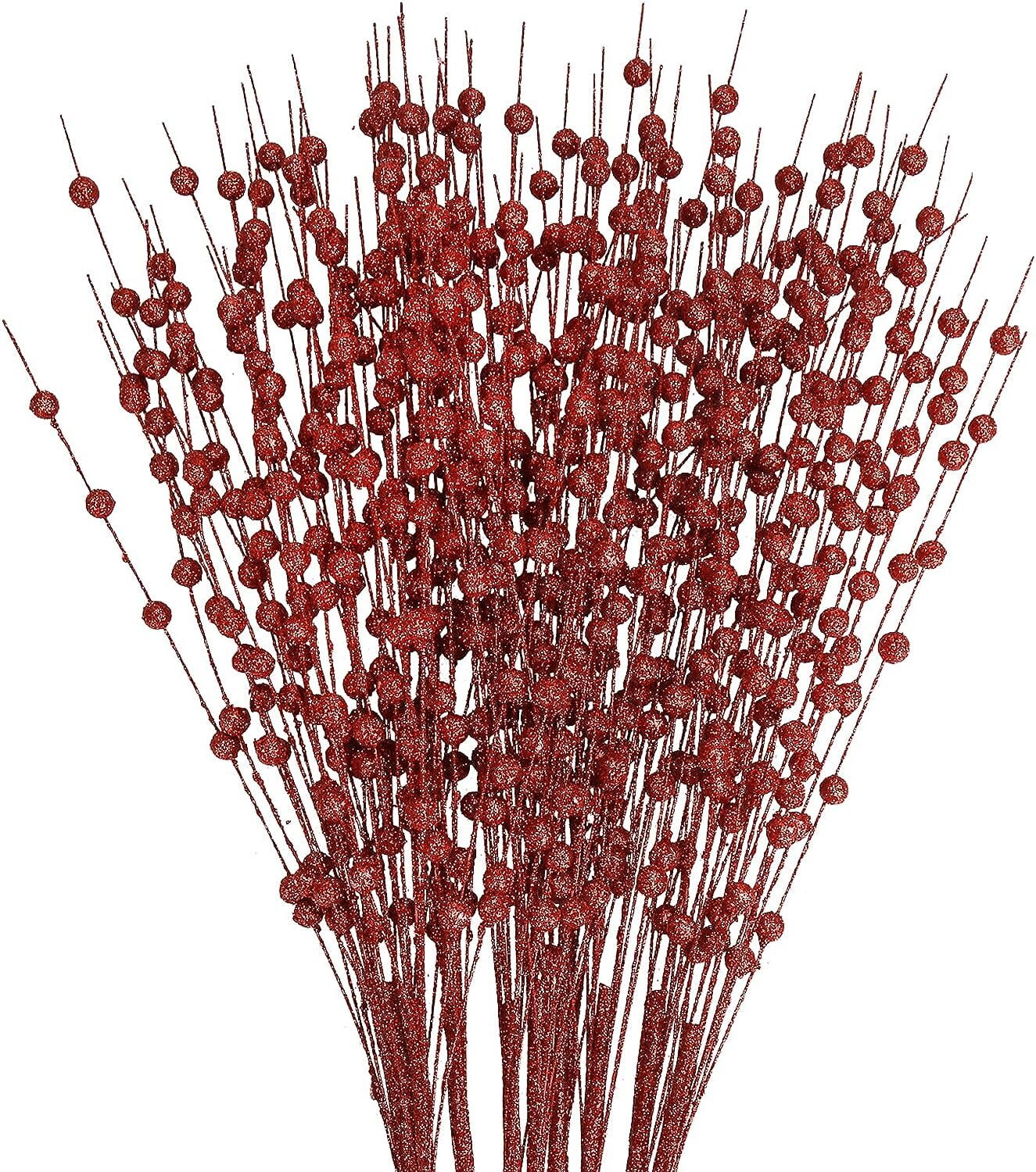 10 Pack Artificial Glitter Berry Stem Ornaments 20in Decorative Christmas Picks Glittery Bead Sticks Branches for Christmas Tree Decor DIY Wreath Crafts Home Decor (Red)