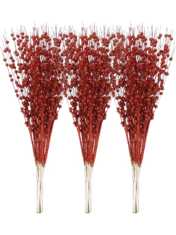 10-Pack Artificial Glitter Berry Stem Ornaments, Decorative Bead Sticks, Glittery Twigs, Picks, Branches for Christmas Tree, Small Vase, Holiday, Wedding, Party 17 Inches