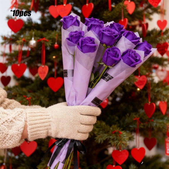 10 Pack Artificial Rose Flowers, Valentine'S Day Gift Roses, Shiny Plastic Roses For Wedding Party Decor, Long Lasting(Purple)
