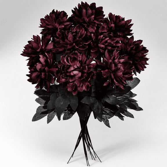 10 Pack Artificial Silk Dahlia Bouquet with Long Stems, 16" Wine Red Fake Flowers for Wedding Bridal Halloween Harvest Festival Table Centerpieces Home Decor