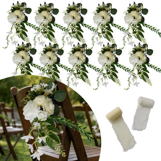 10-Pack Artificial White Rose & Eucalyptus Wedding Pew Bouquets with ...