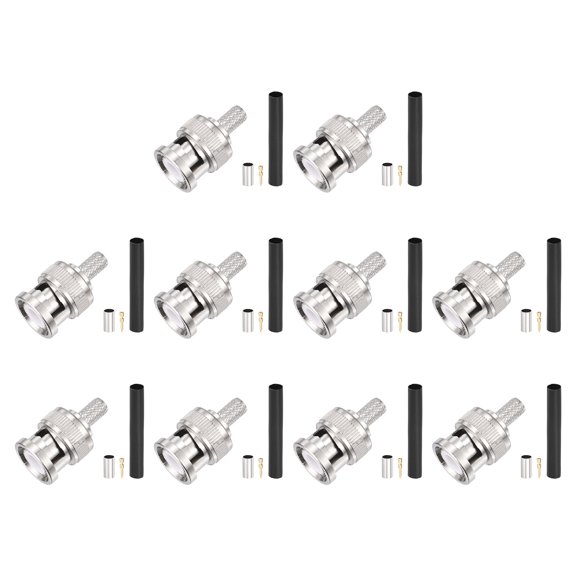 10 Pack BNC Male Crimp Connector, 3.2mm 50 Ohm BNC Male Coax Connectors with Heat Shrink Tubing for RG58 RG142 RG400 LMR195 RG303 RG223 Coax Cable Wireless Internet, Silver