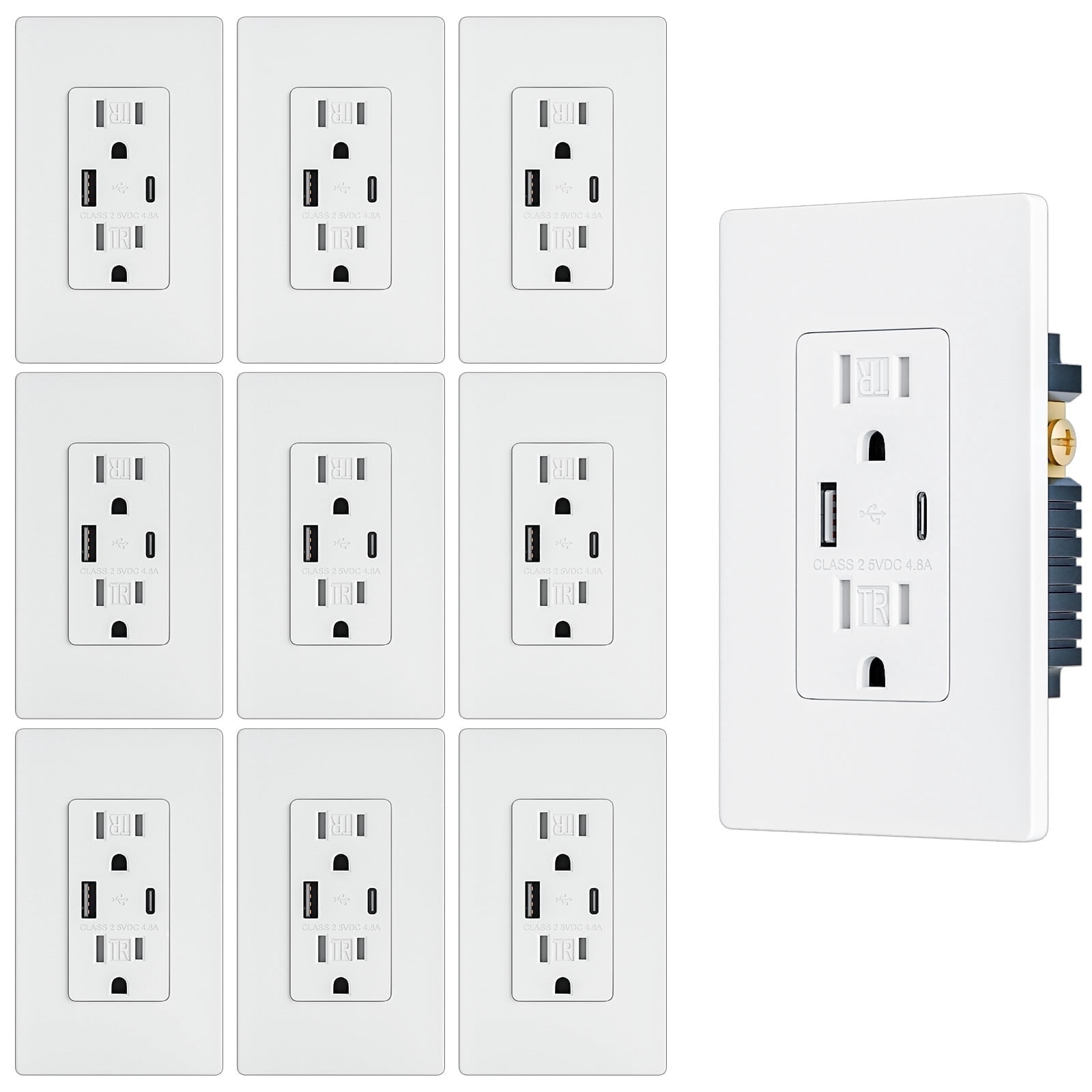10 Pack - BRILLTECH 4.8A/24W USB Outlet, Electrical Outlet with Type C & Type A Ports, 15 Amp Receptacle Plug, Tamper-Resistant Receptacle, Screwless Wall Plate Include, UL Listed, White