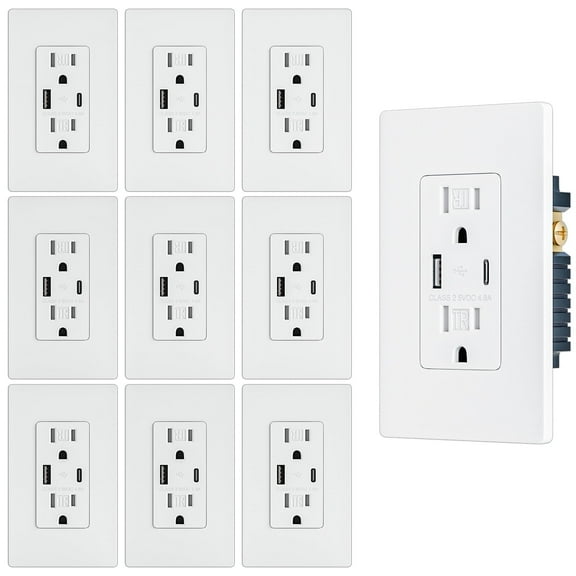 10 Pack - BRILLTECH 4.8A/24W USB Outlet, Electrical Outlet with Type C & Type A Ports, 15 Amp Receptacle Plug, Tamper-Resistant Receptacle, Screwless Wall Plate Include, UL Listed, White