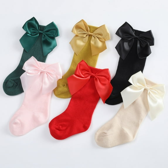 6 Pairs Baby Girls Knee High Socks Toddler Big Bow Breathable Dress Socks Little Girls Cotton Tube Stockings for Newborn Infant 0-3 Years
