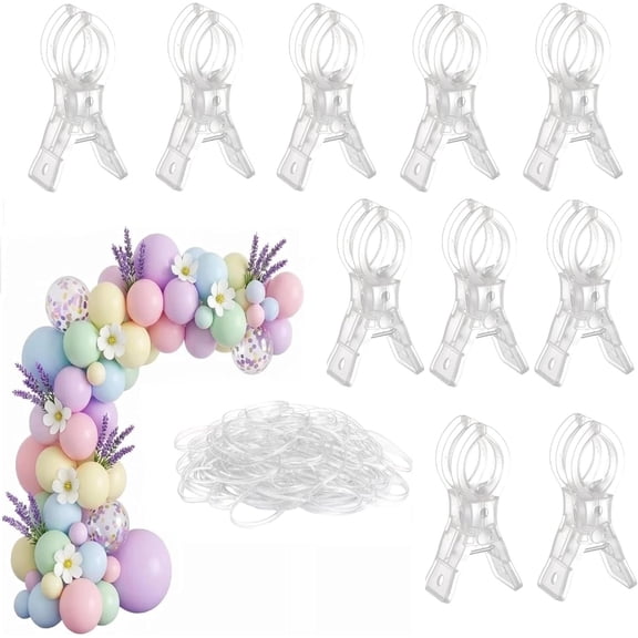 10 Pack Balloon Arch Clips Plastic Transparent Backdrop Spring Clamps 3.5 Inch Balloon Garland Clips and 50 count Clear Bands for Balloon Arch Kit Birthday Decoration Crafts Woodworking Photography