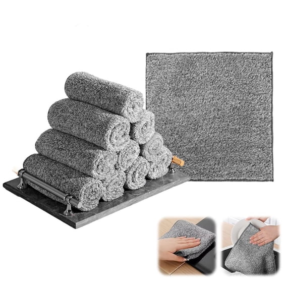 10-Pack Bamboo Charcoal Kitchen Dish Cloths, Highly Absorbent Non-Stick Oil Cleaning Rags, Reusable Lint-Free Washcloths for Plates, Cutlery & Countertops, Grey