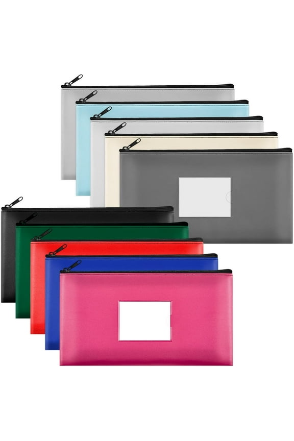 10-Pack Bank Deposit Money Bags with Zipper, 10 Colors Leather Bags Wallet Pouches with Label, Makeup Bags, for Cash, Coins, Cosmetics, Invoice, Bills, Tools, 11.5 x 6.2 Inches