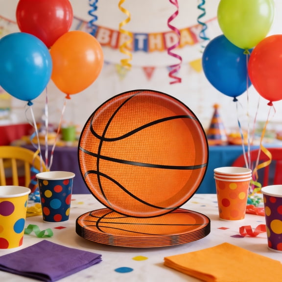 10 Pack Basketball Themed Disposable Paper Plates for Sports Party Decorations, Birthday Celebrations, and Event Tableware Orange