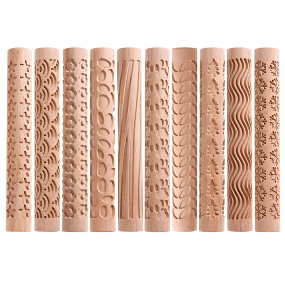 10 Pack Beechwood Rolling Pins, Embossed Pattern Wooden Pastry Rollers, Effective Baking Tools for Dough, Fondant, Pie Crust, Decorative Kitchen Utensils