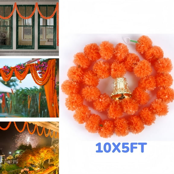 10-Pack Bell-adorned Marigold Toran Garland, 10x5ft Waterproof for Diwali Decor & Wedding Stage