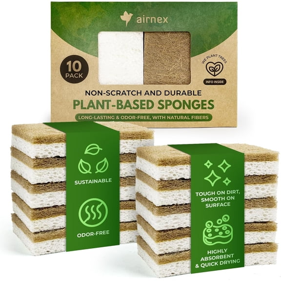 10 Pack Biodegradable Natural Kitchen Sponge - Compostable Cellulose and Coconut Walnut Scrubber Eco Friendly Sponges for Dishes