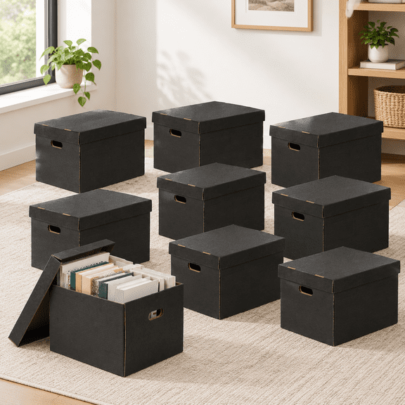 10-Pack Black Archival Storage Cartons, Acid-Free, 15x12x10 Inches