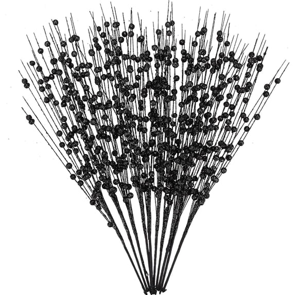 10 Pack Black Artificial Glitter Berry Stem Decorations, 19 Inches Fake Christmas Glitter Bead Sticks Picks Decorative Ornaments for Christmas Tree Xmas Wreath Vase Filler Home Decor