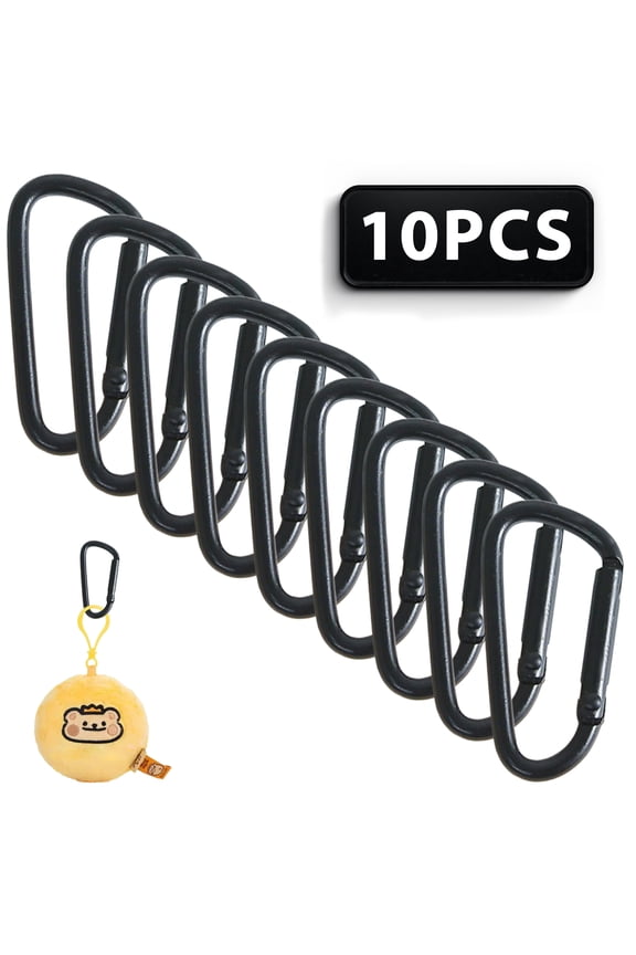 10 Pack Black D Shape Carabiner Clips, Zinc Alloy Lightweight Spring Clips for Keychain Backpack Camping