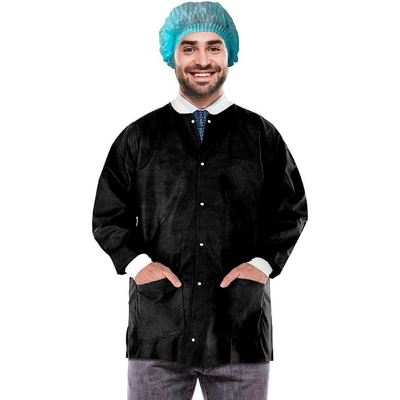 10 Pack Black Disposable SMS Lab Jackets 29" Long Small 50 GSM Shirts w Snaps Front, Knit Cuffs & Collar, 3 Pockets