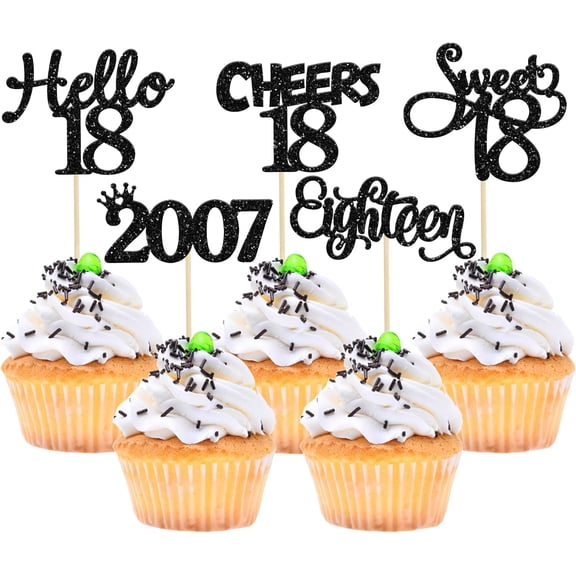 10 Pack Black Glitter 18th Birthday Cupcake Toppers, Hello 18 Cheers to 18 Cake Picks Decorations
